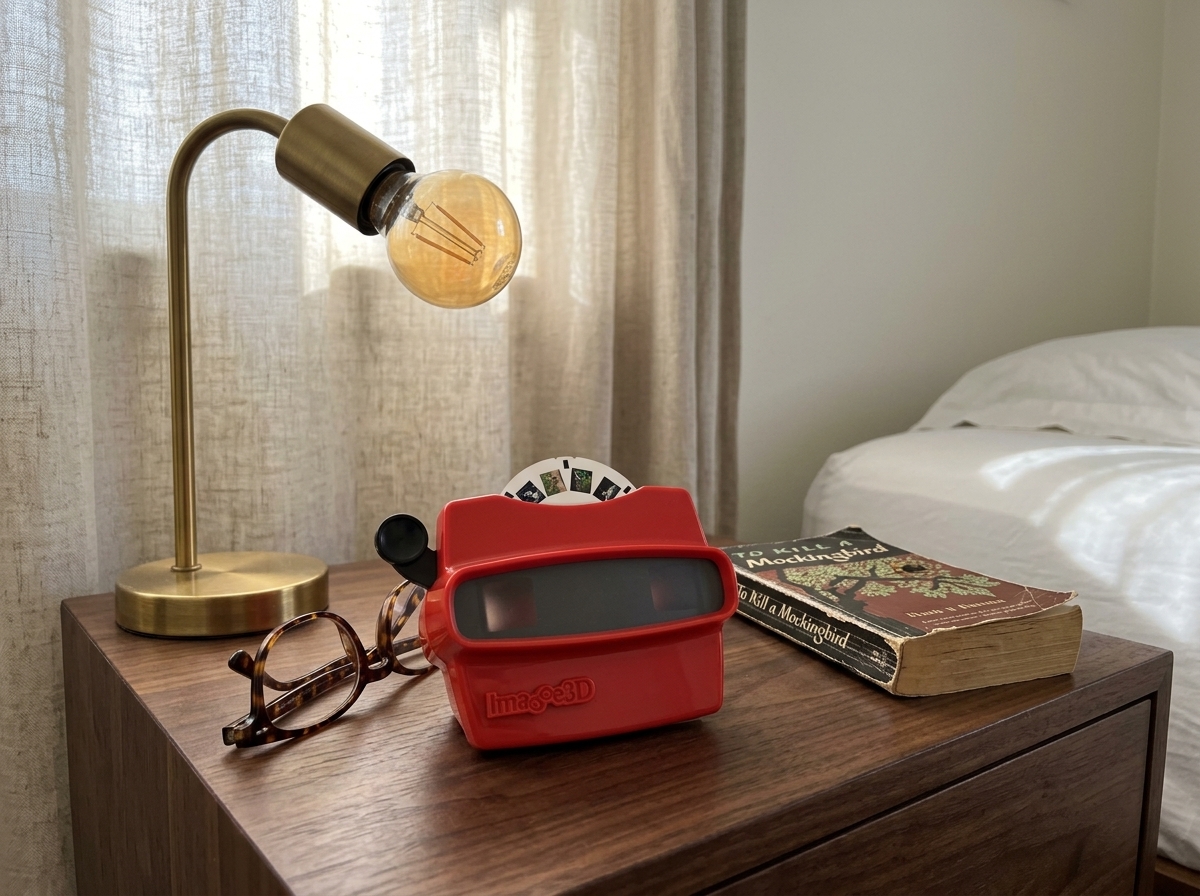 Photo viewer on a bedside table with soft lamp light