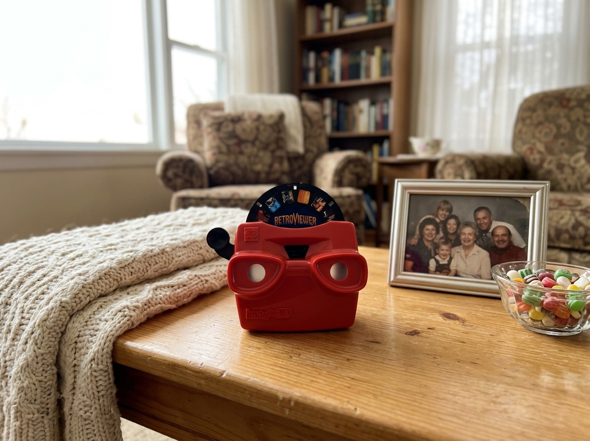 Grandparents in their 70s holding viewer together on a living room couch