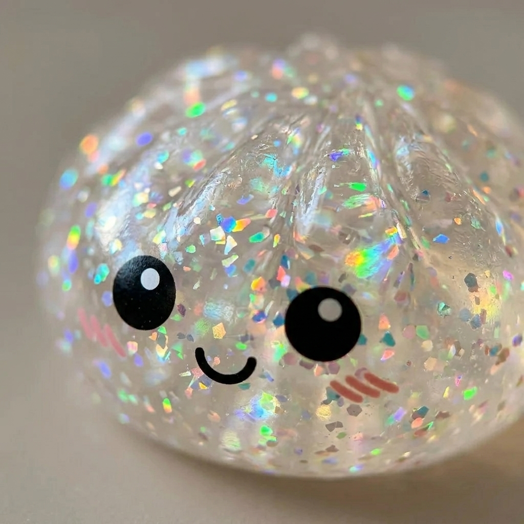 Close-up of dumpling squishy being squeezed with visible swirling holographic glitter