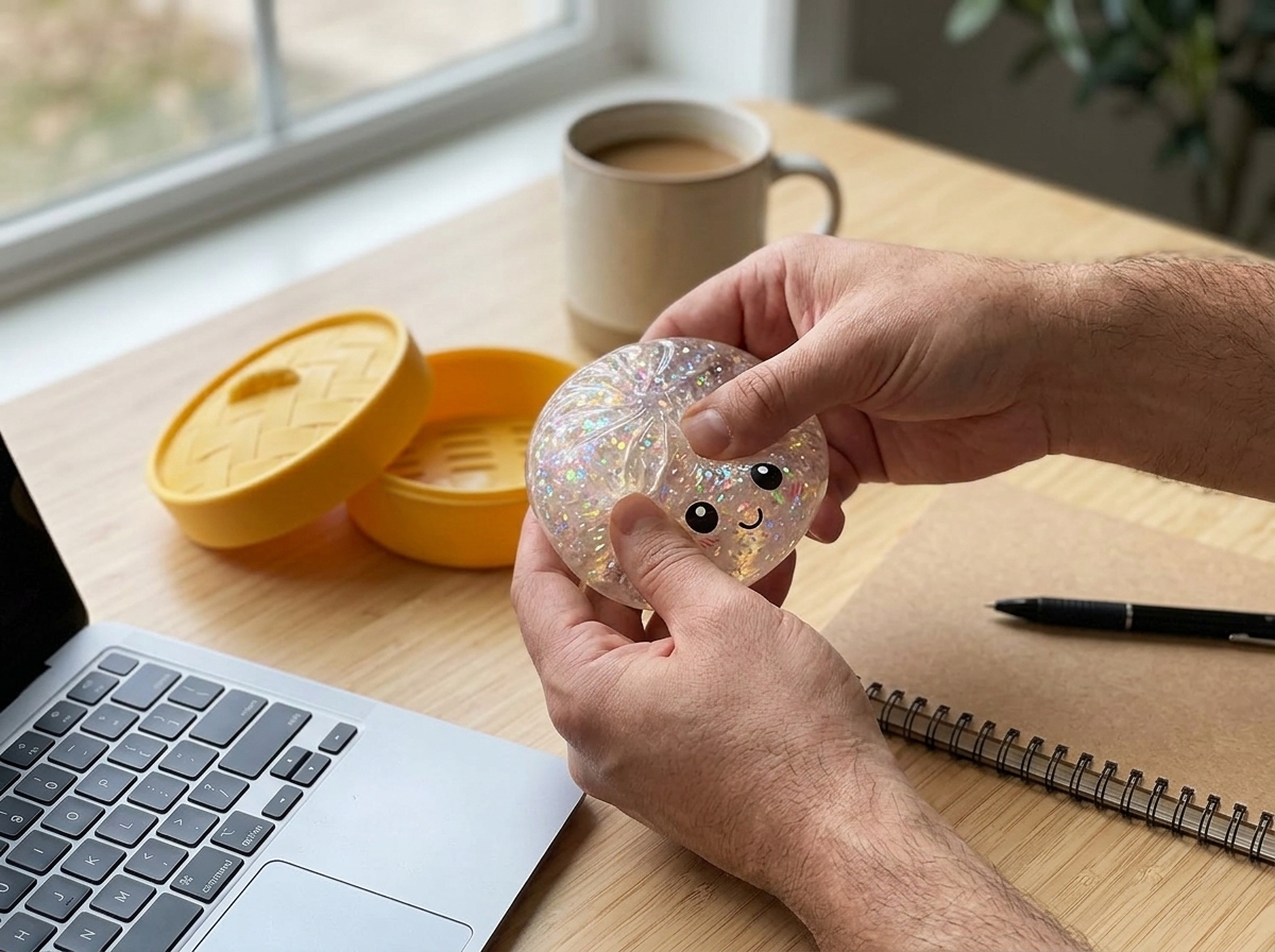 Close-up of an adult hand squeezing a glitter dumpling on a home office desk next to a laptop and coffee mug, natural daylight from a window