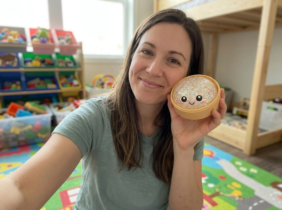 Two glitter dumplings - one pink, one clear - sitting on a living room coffee table with a kid's drawing pad in the background, casual lived-in framing