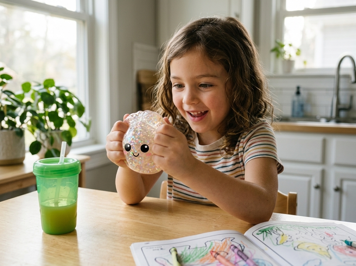 Wide shot of a glitter dumpling squishy sitting on a kitchen island next to a birthday card and unwrapped tissue paper, soft morning daylight from a window