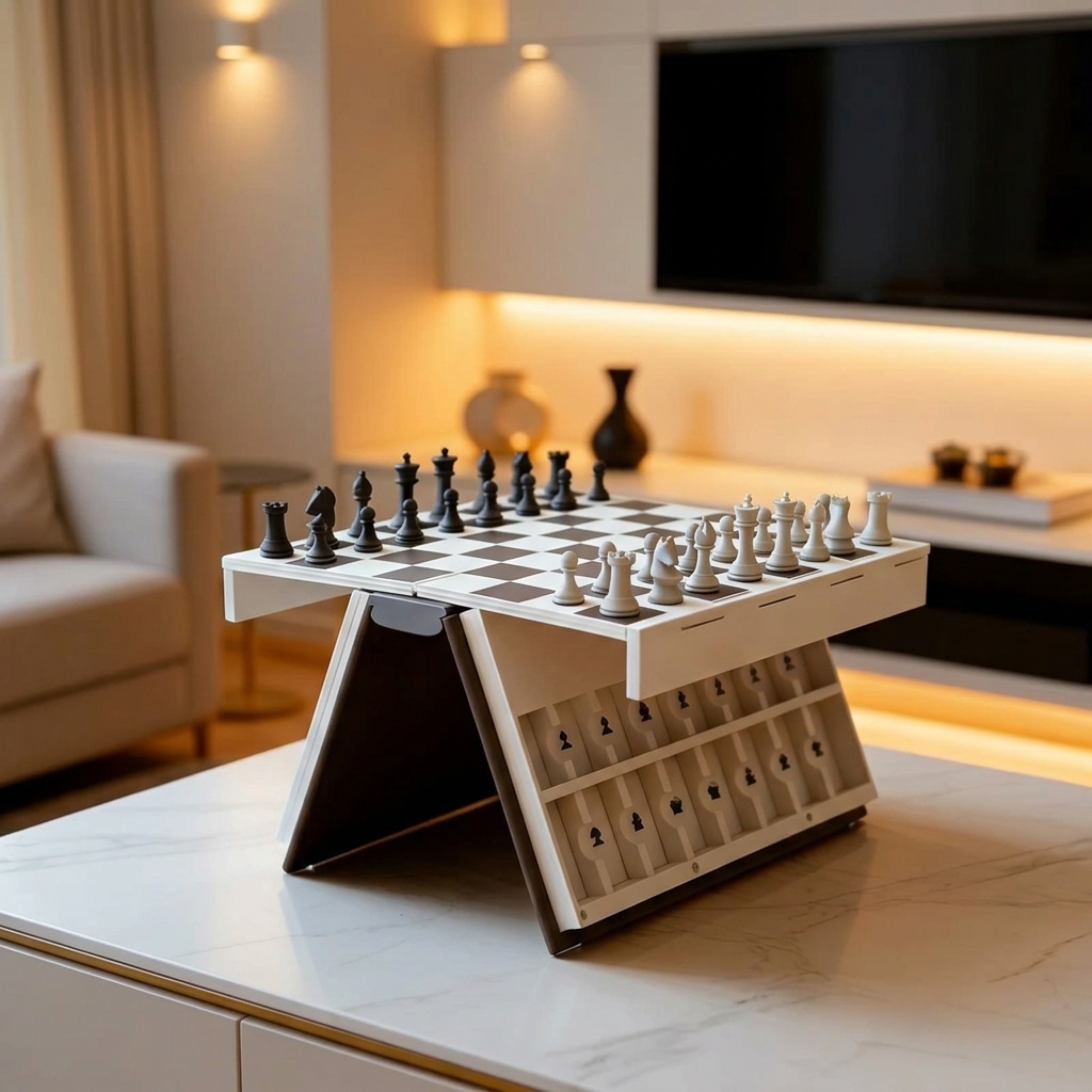 The Book Chess Set sitting open on a shelf, revealing a chess board mid-game