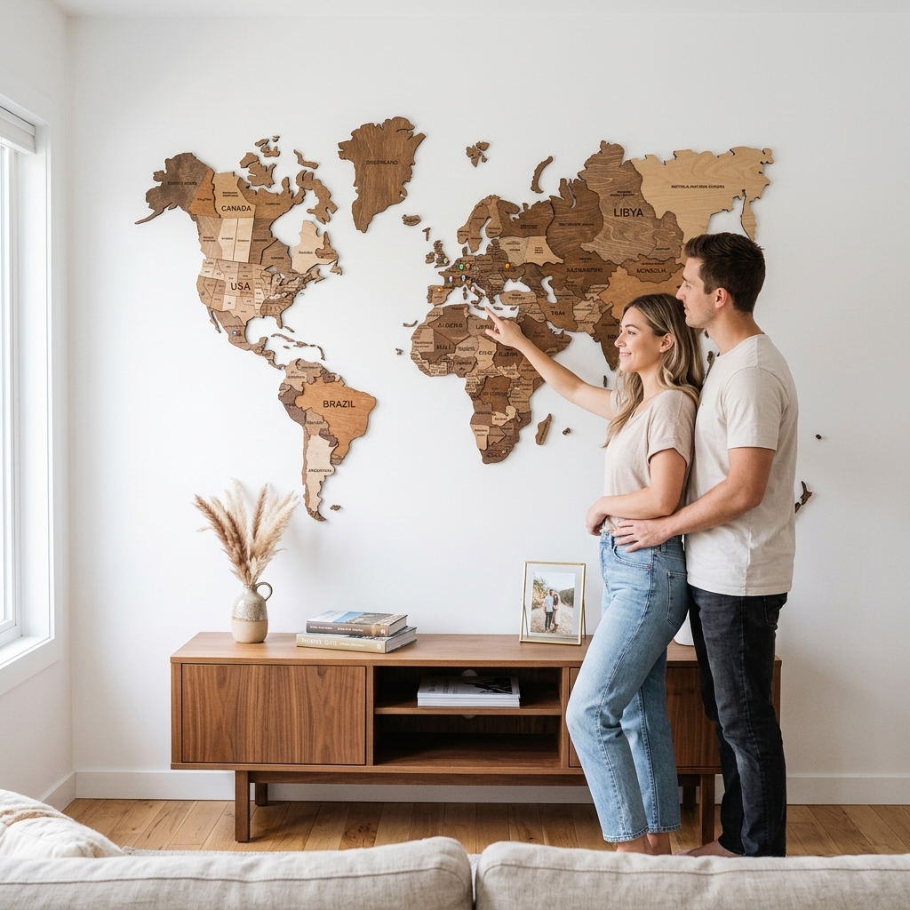 Wooden world map mounted on living room wall behind couch