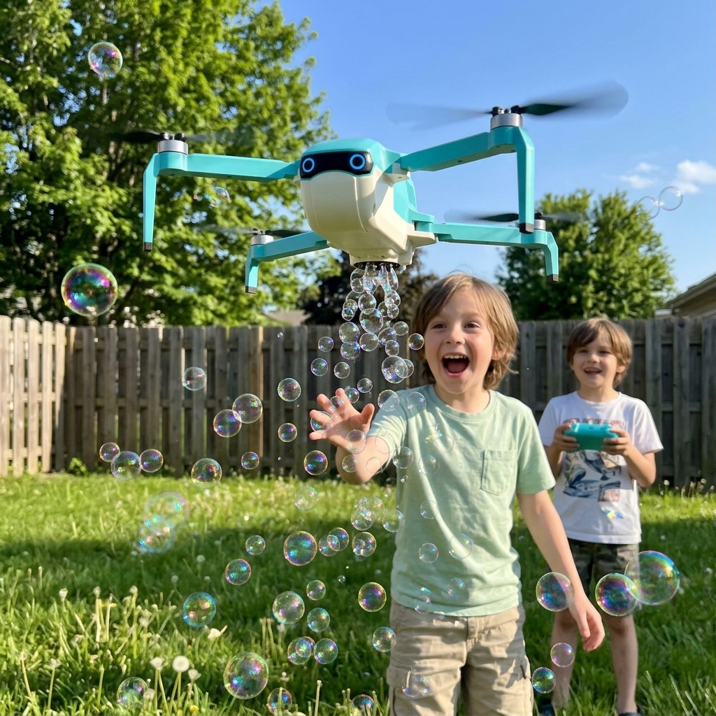 A young child looking up in wonder as bubbles fall from a flying bubble drone in their backyard