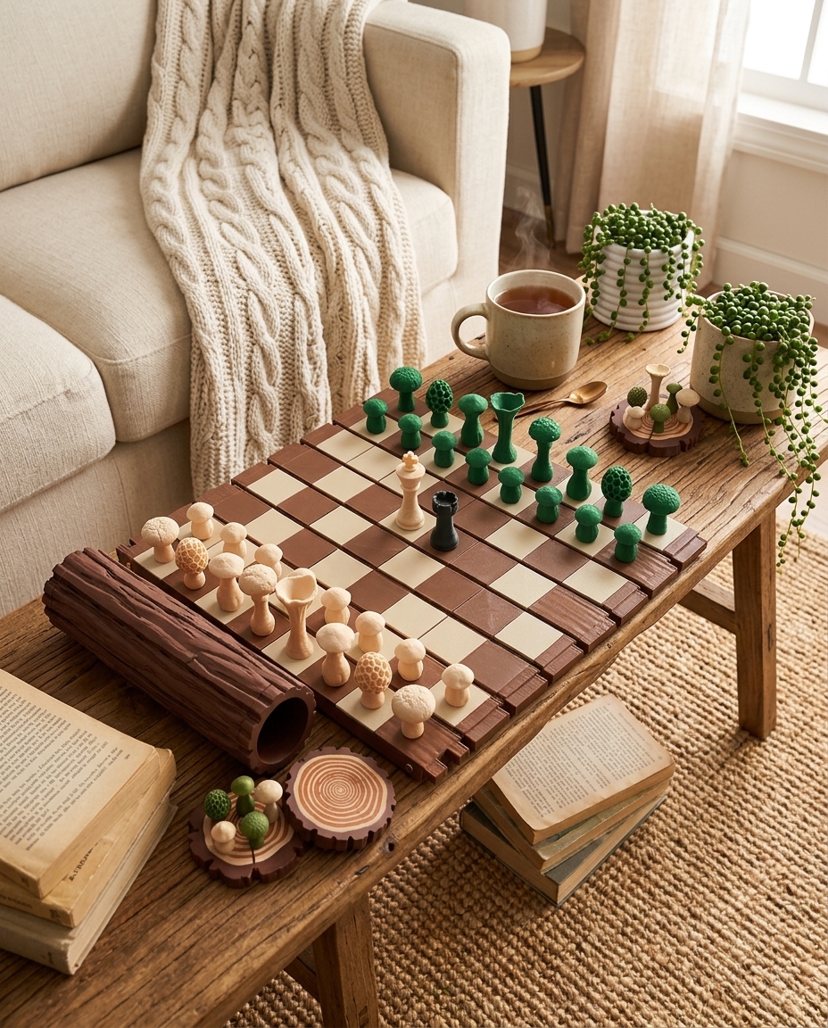 Nature themed chess set with mushroom pieces on a wooden coffee table in a cozy home