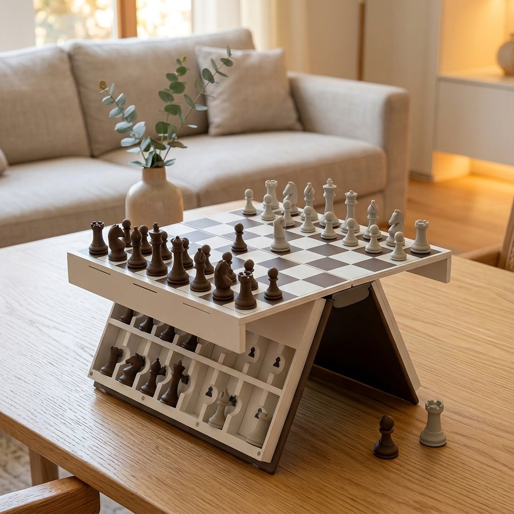 Close-up of the chess board opened flat with weighted, magnetic pieces in mid-game position