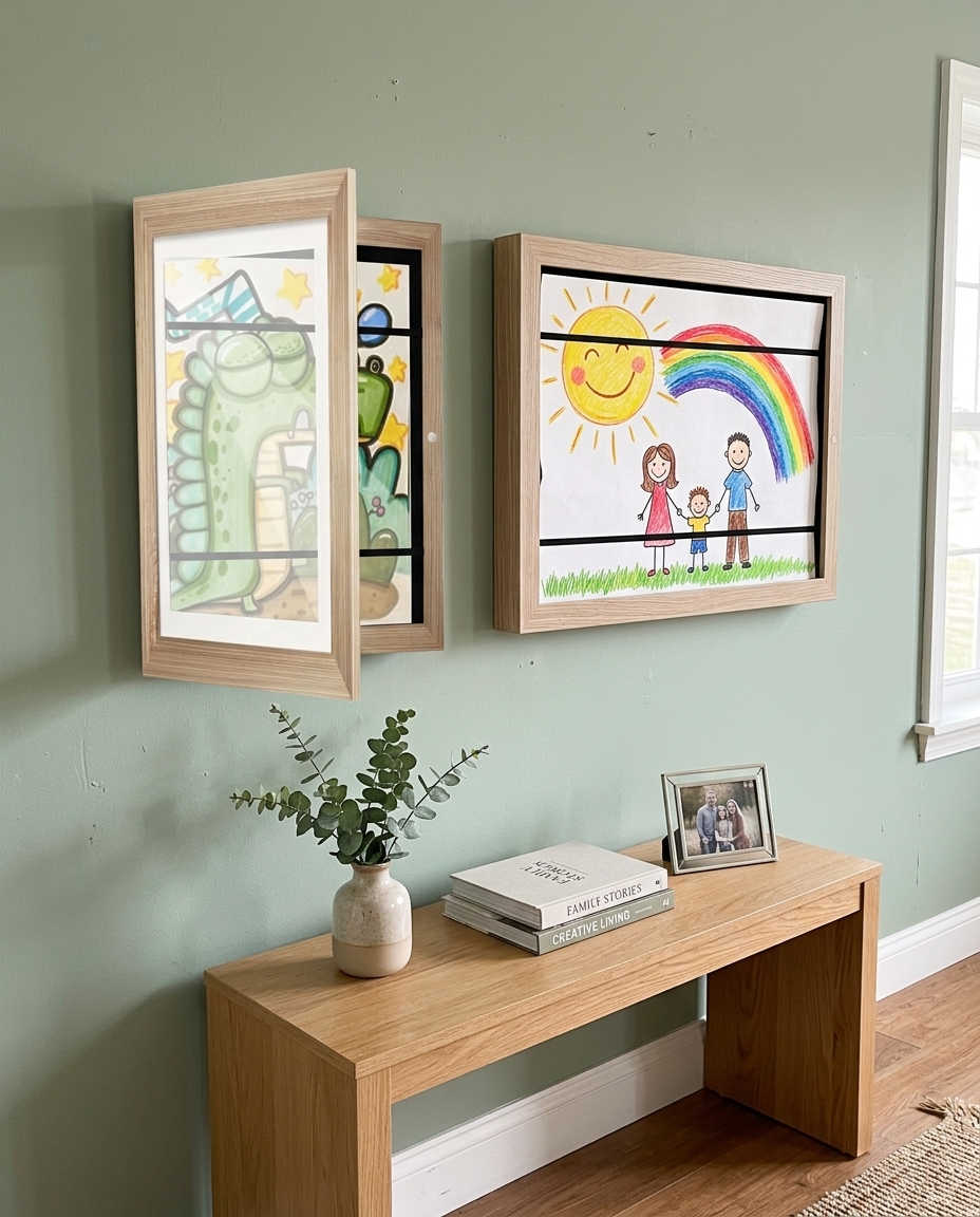 A4 swap-frame on a styled living room wall holding a child's drawing