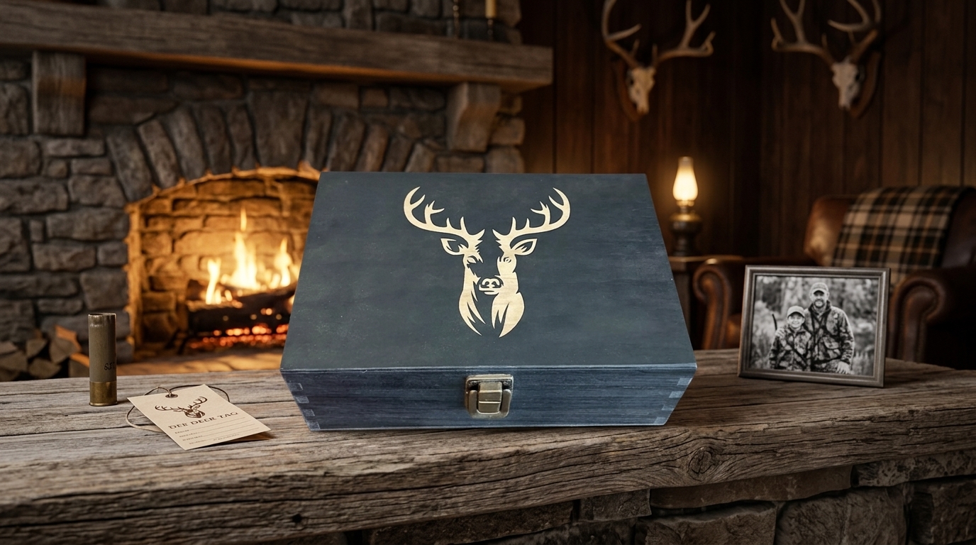 Vintage wooden hunter memory box displayed on a mantel filled with shotgun shells