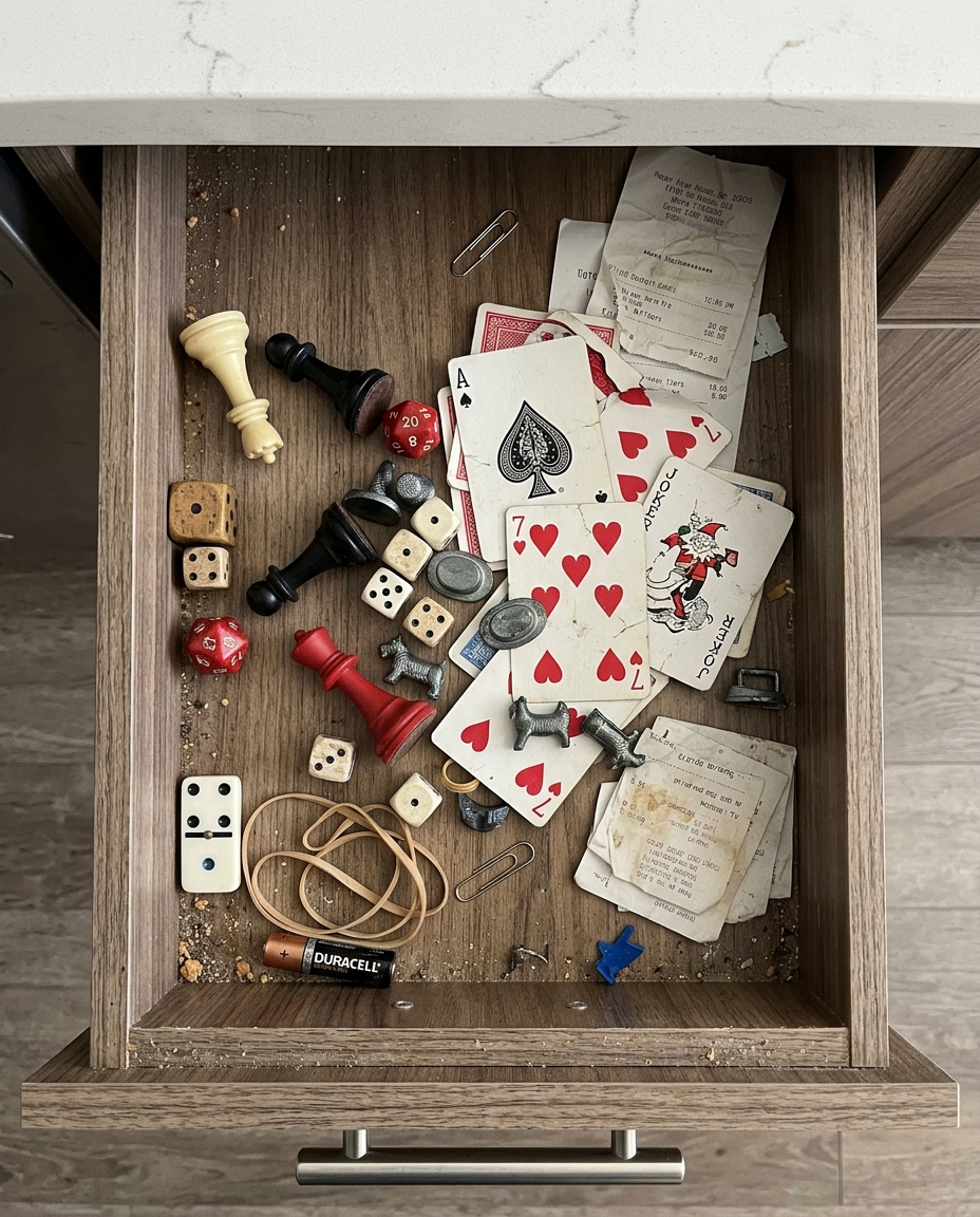 A drawer full of forgotten gifts and games