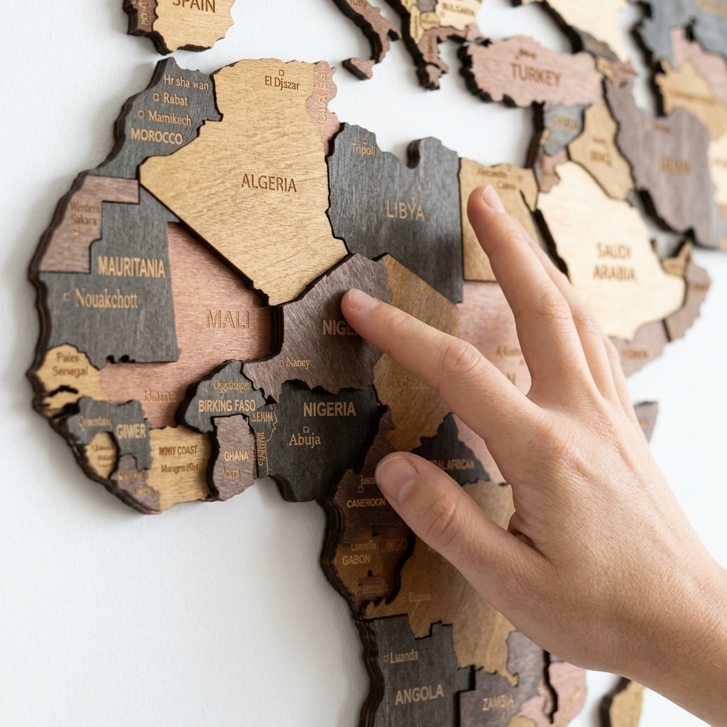Laser-engraved country borders and city names close-up