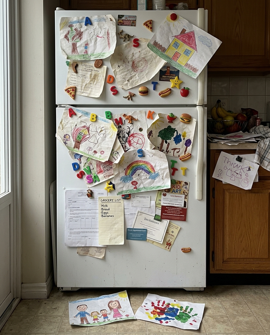 Kitchen counter buried under stacks of children's drawings