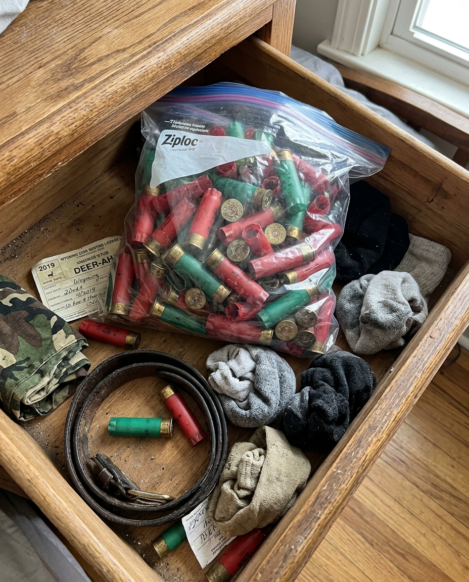 An open drawer revealing a clear plastic bag of spent shotgun shells