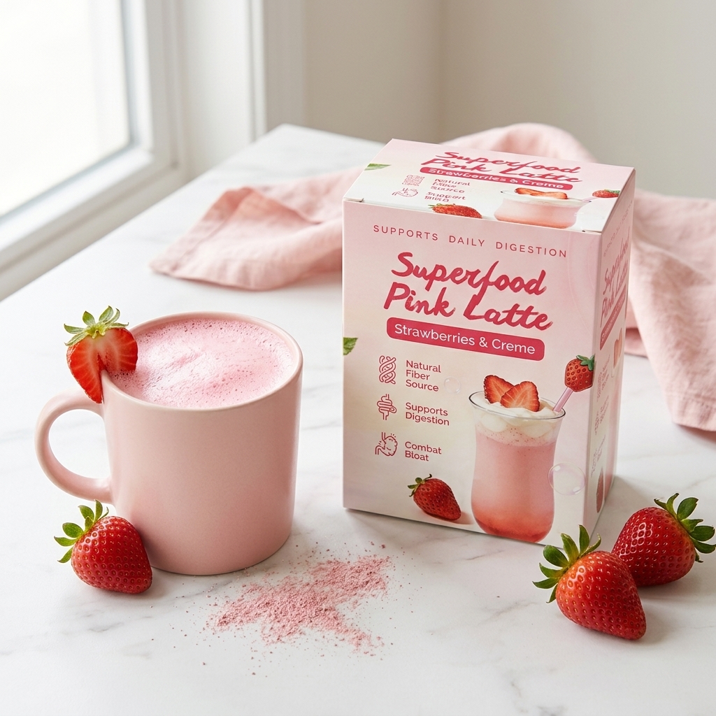 Pink strawberry latte in a ceramic mug with real strawberries