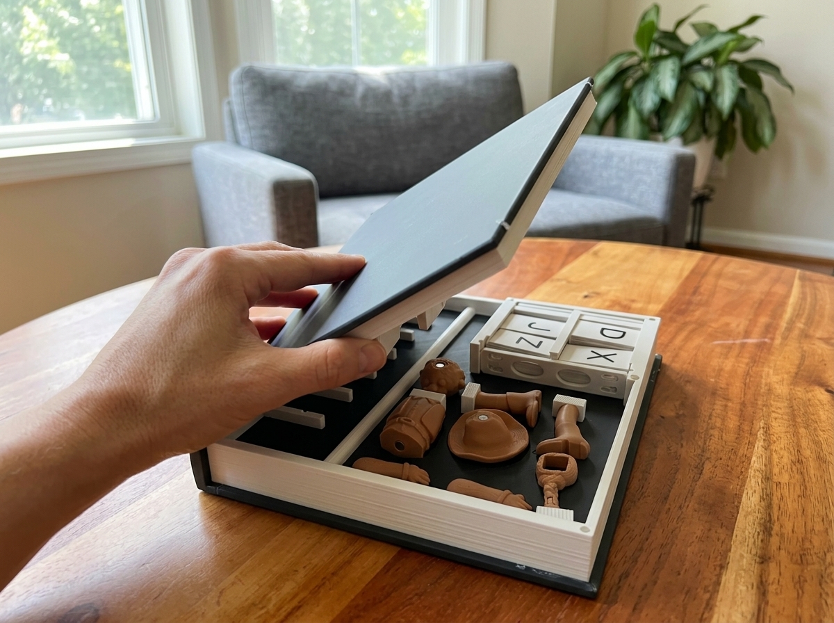 The opened book transforms into a Hangman board with wooden gallows