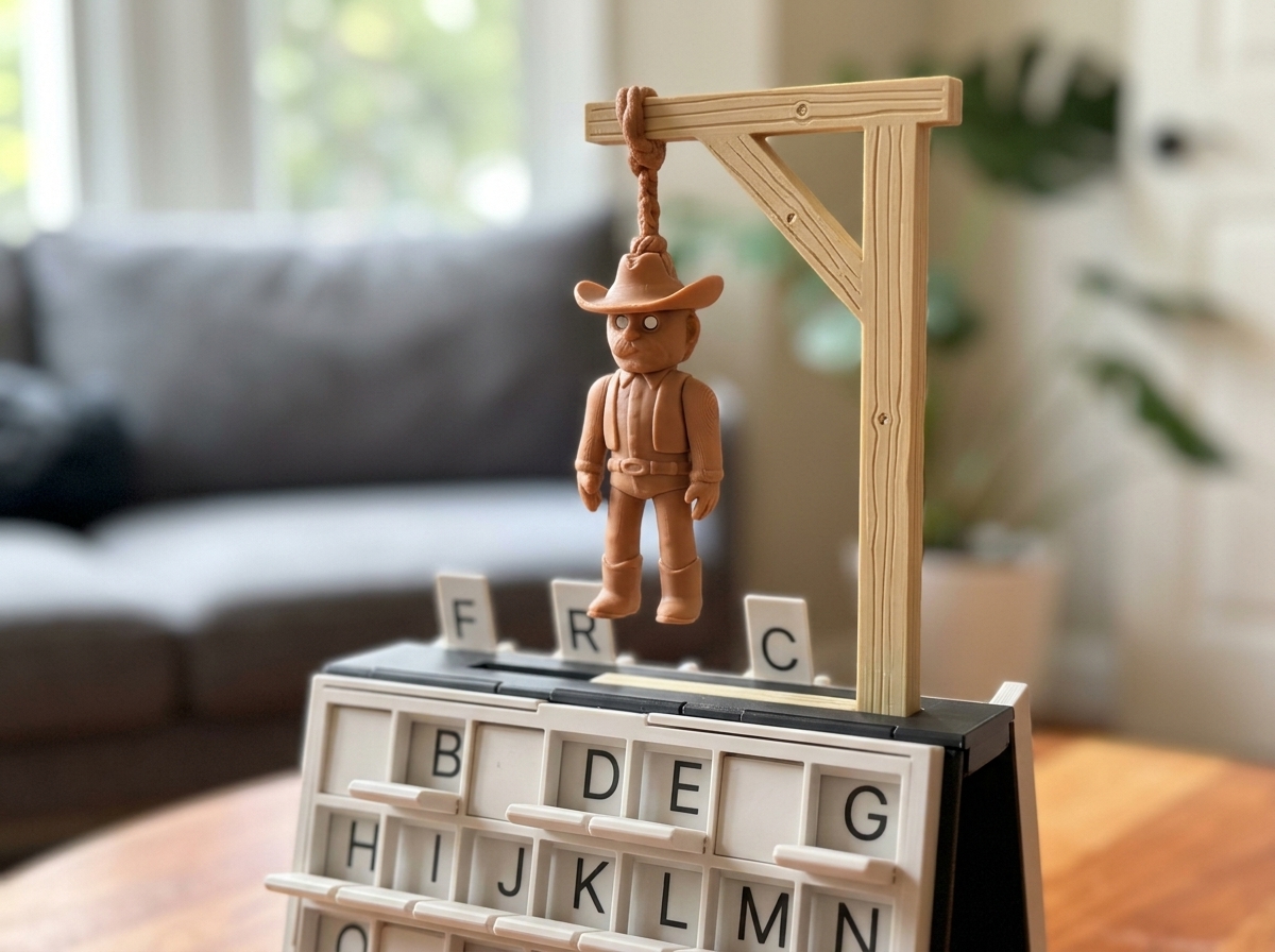 Opening the Hangman book on a wooden dinner table