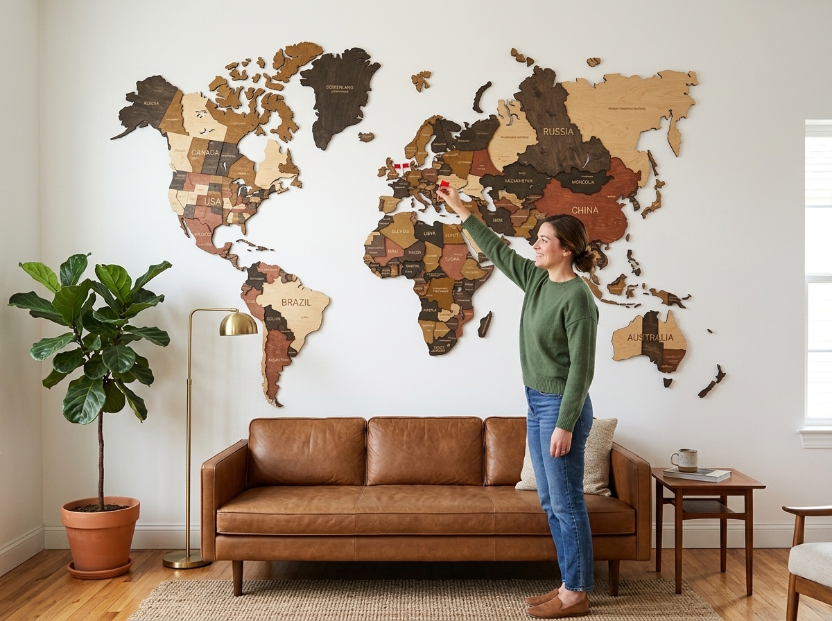 Wooden world map on wall behind sofa in living room