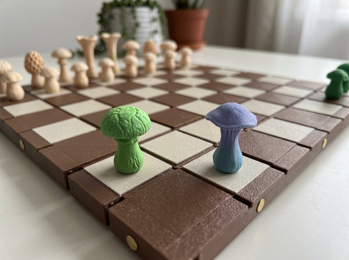 Hand holding a mushroom chess piece showing scale
