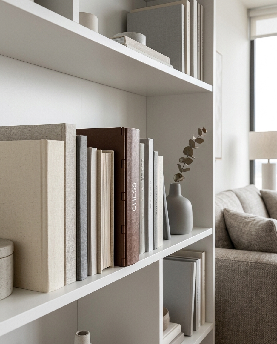 Modern minimalist living room with a clean white floating shelf, the book chess set sitting beside design books and a small ceramic
