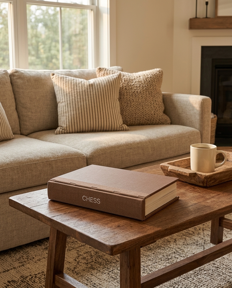 Dark academia study with a walnut bookshelf, leather-bound books, brass lamp, and the book chess set tucked between hardcovers
