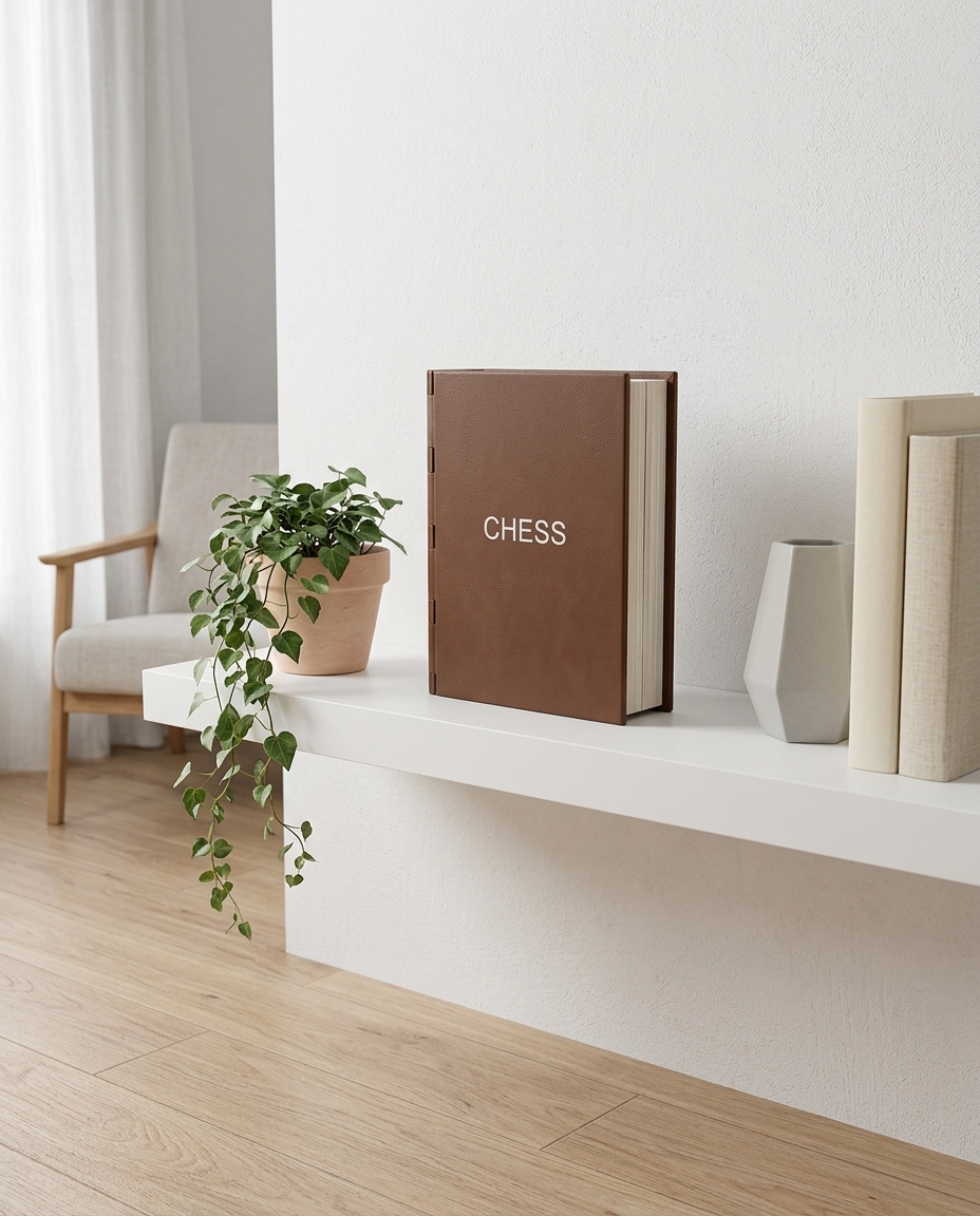 Mid-century modern living room with teak coffee table, the book chess set lying flat among design magazines and a small lamp
