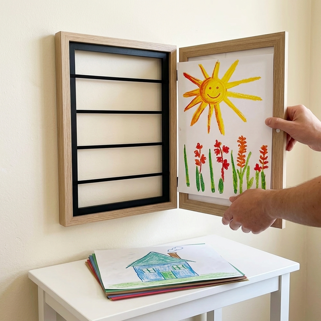A child's drawing being slid into the open A4 frame