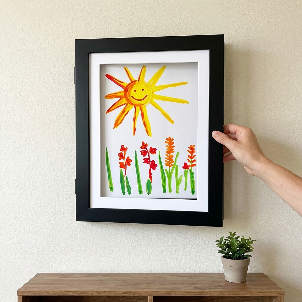 Closed A4 swap-frame with new artwork on the wall