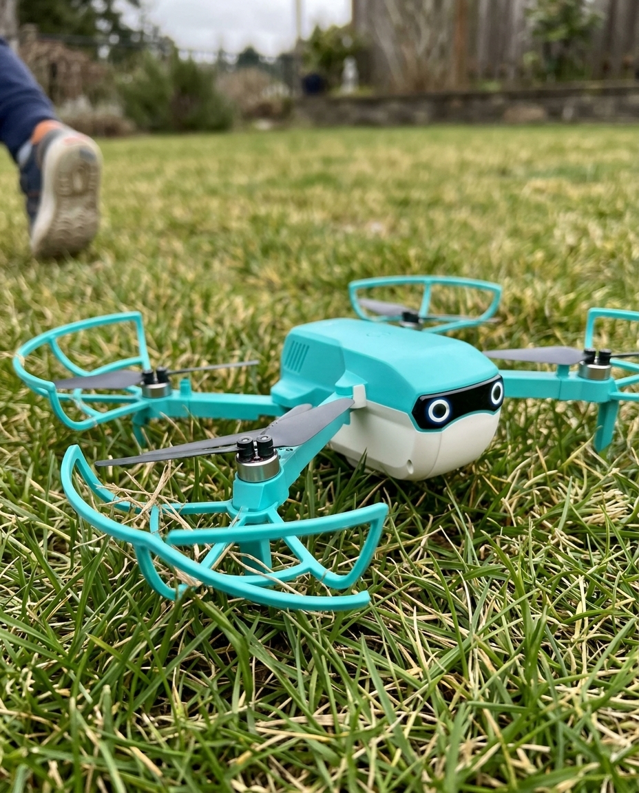 A young child holding the bubble drone remote with the drone hovering and releasing bubbles, parent watching from the background