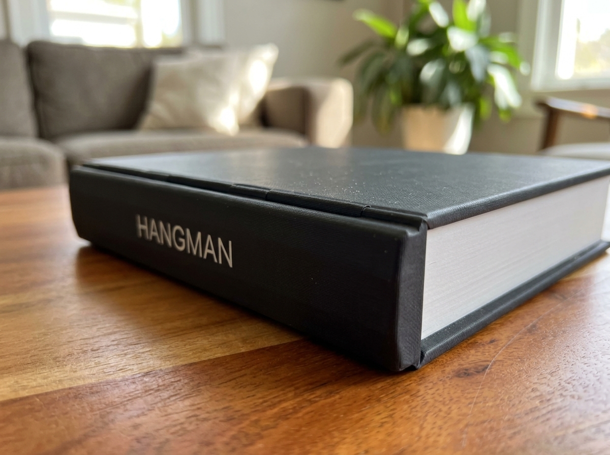 Spine view of the closed book showing the embossed HANGMAN title