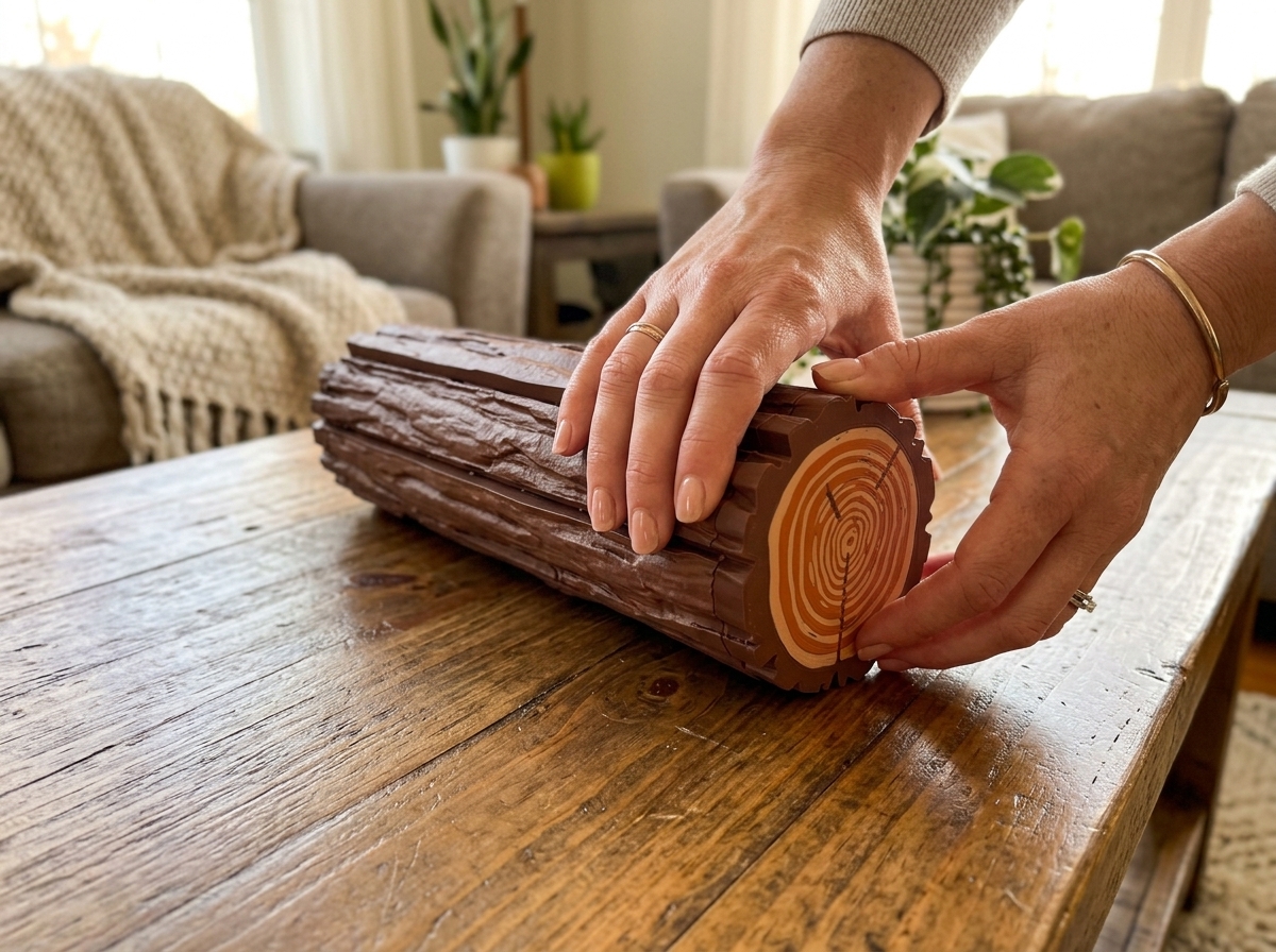 Log canister on a bookshelf as decor