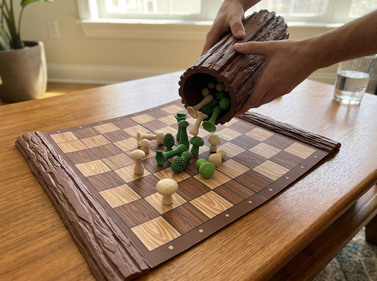 Unrolling the chess mat with pieces tipping out