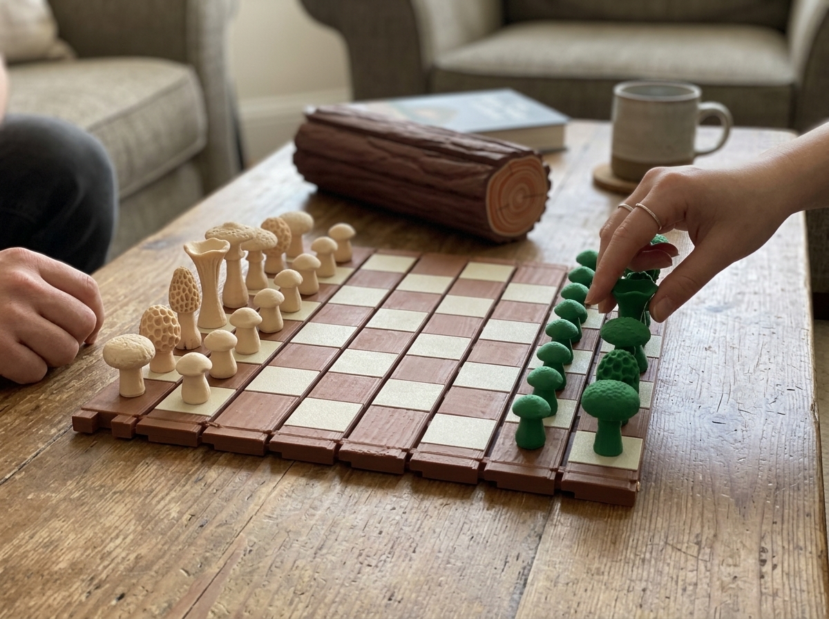 Full chess board set up with mushroom armies