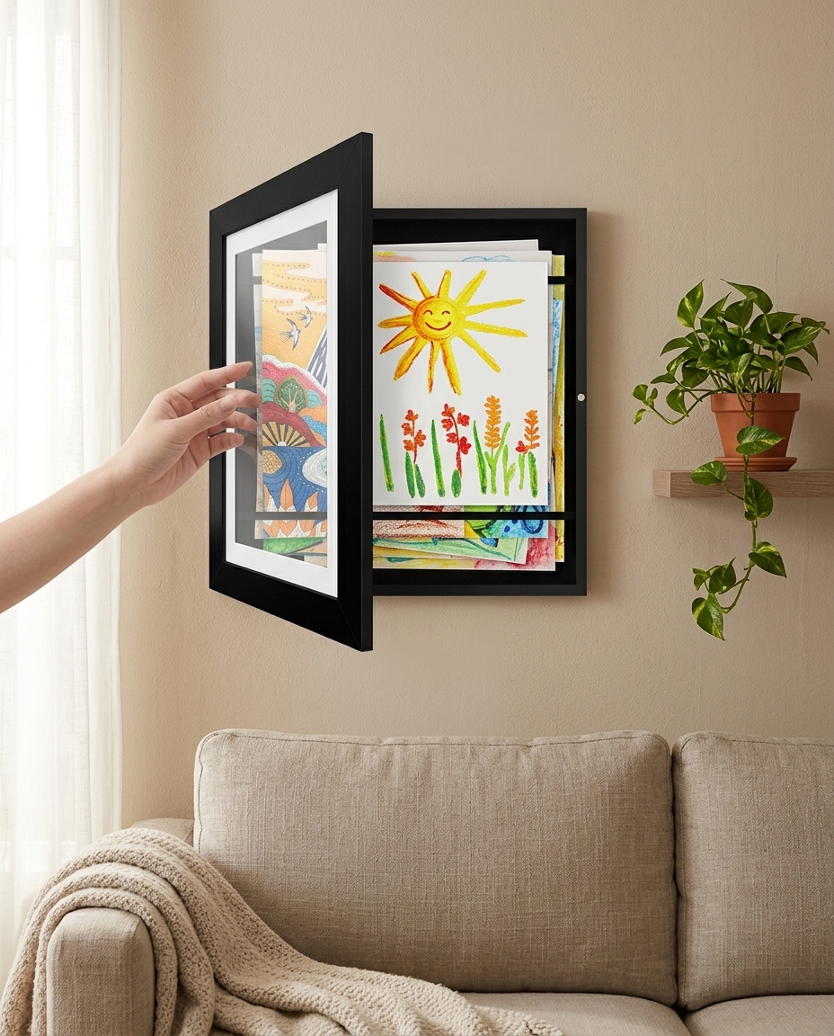 A4 swap-frame on a modern kitchen shelf wall