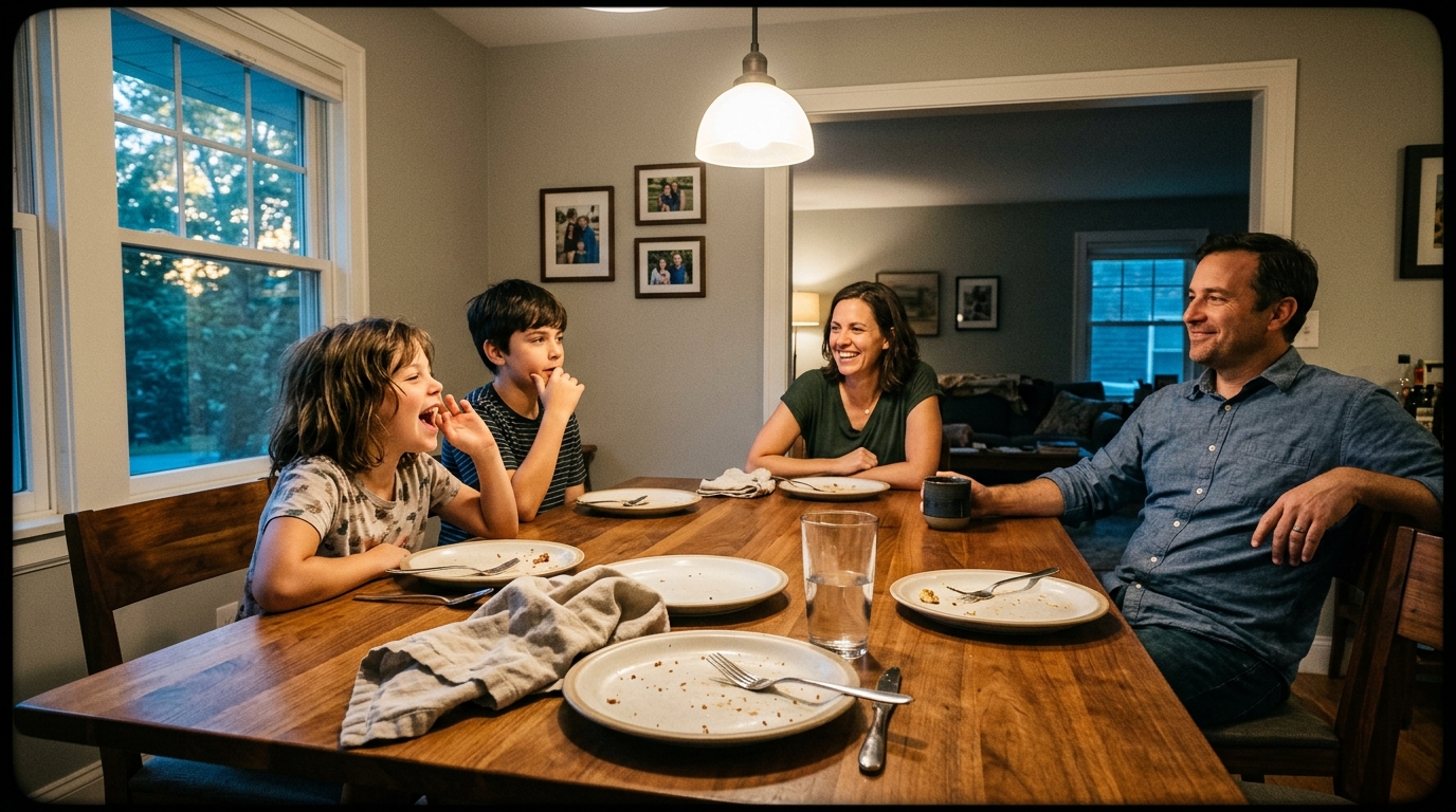 Family playing the Hangman game together on a wooden dinner table in warm evening light