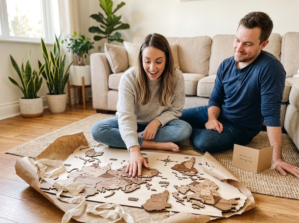 Couple unboxing wooden travel map as anniversary gift