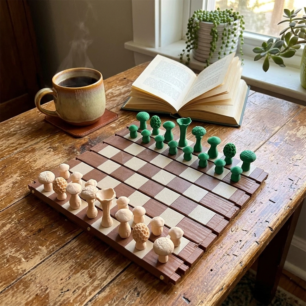 Chess set on a coffee table in a cottagecore living room