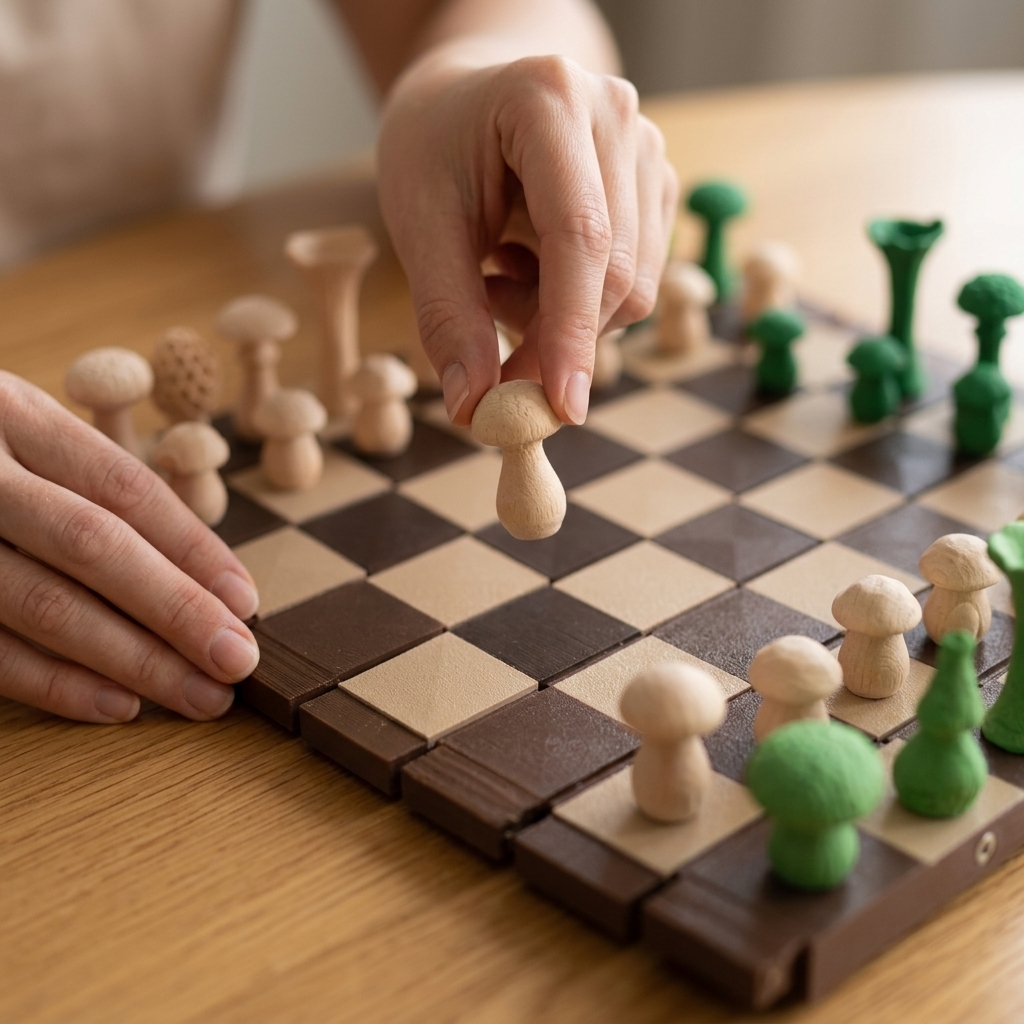 Hand holding a mushroom chess piece