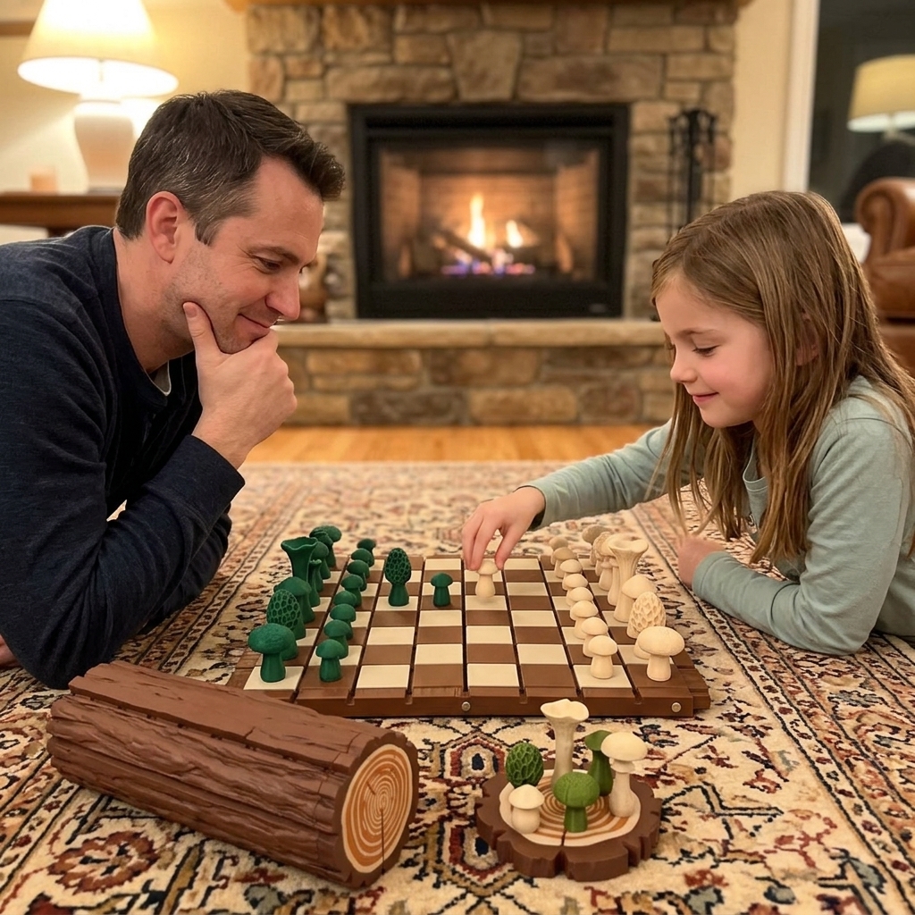 Top-down view of a chess game on a wooden table with tea mugs