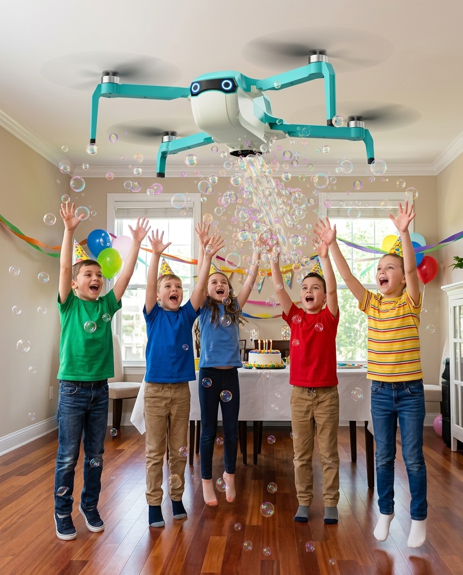 Children running across a backyard with a bubble trail streaming from the bubble drone above them