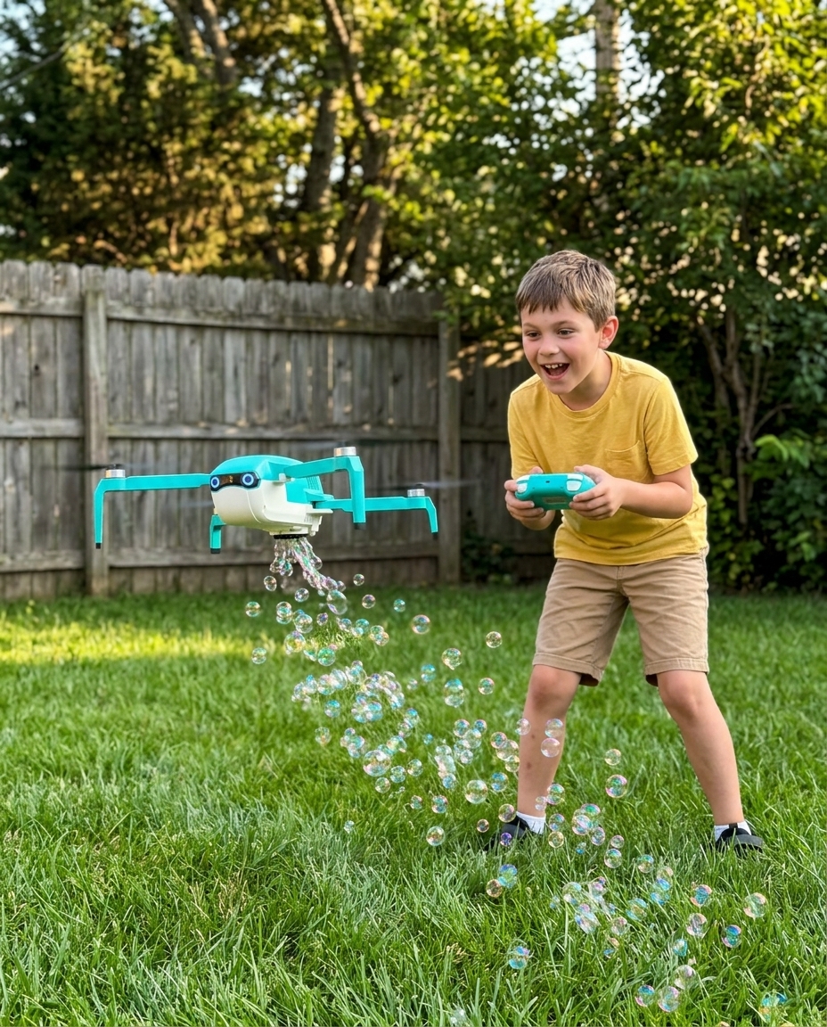 Birthday party scene with multiple children gathered as bubbles fall from the drone above them