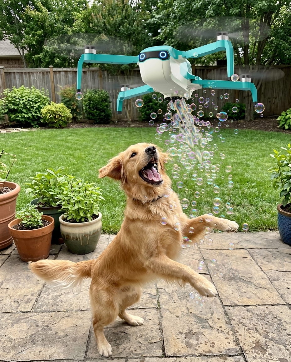 A happy golden retriever leaping at floating bubbles in a sunny backyard