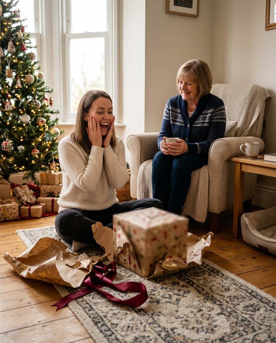 Woman gasping at a gift unboxing