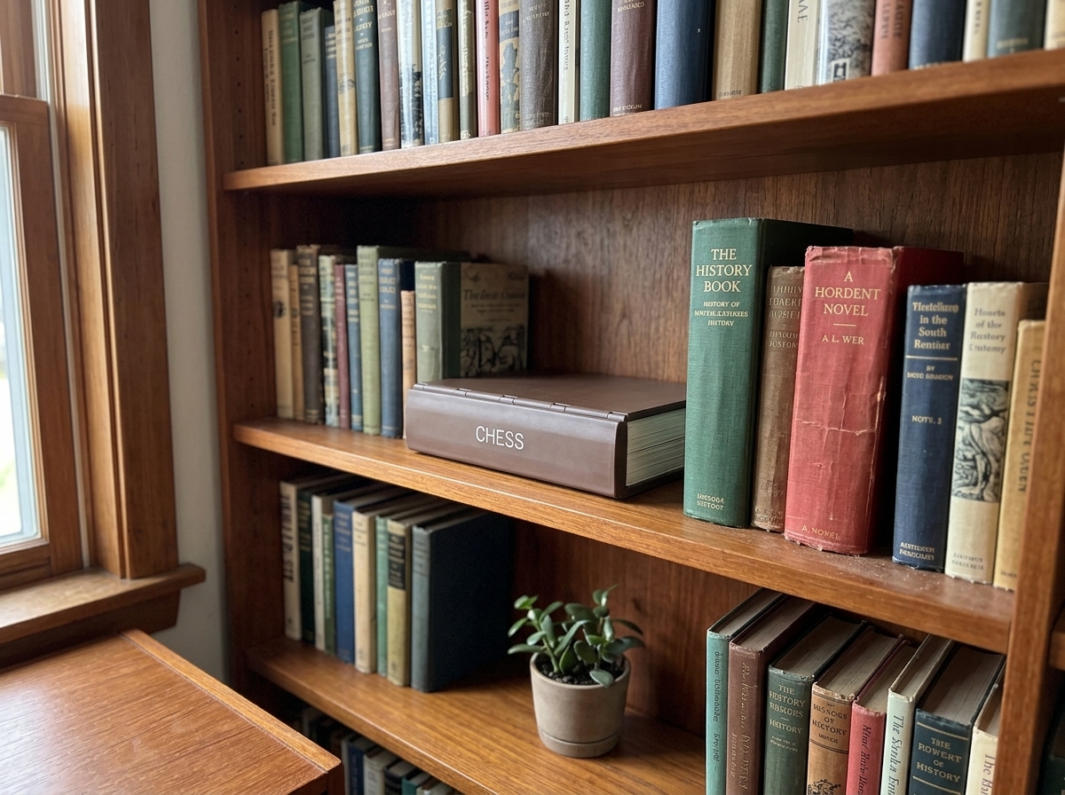 The Book Chess Set sitting closed on a wood living room shelf next to a stack of novels and a small ceramic vase