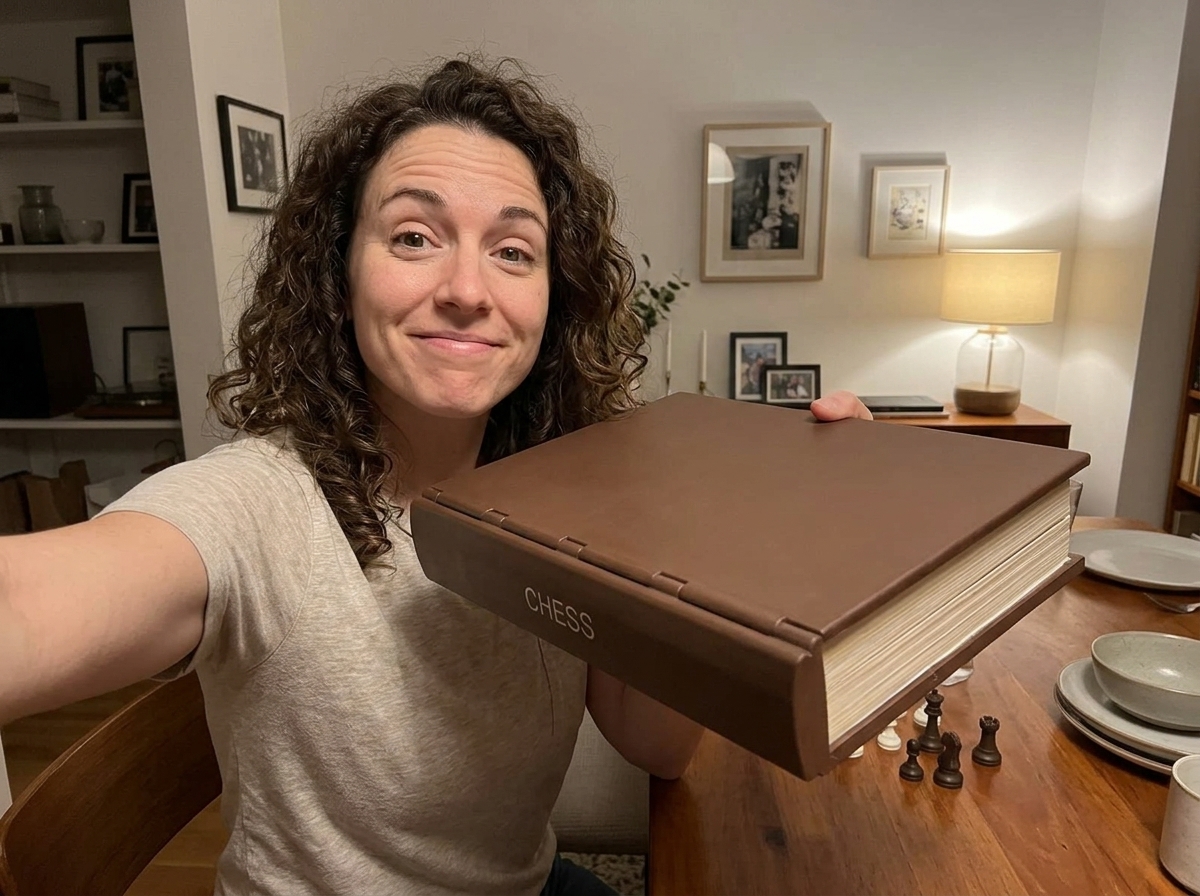 A woman's hand placing the book chess set on a curated bookshelf with hardcover novels and ceramics