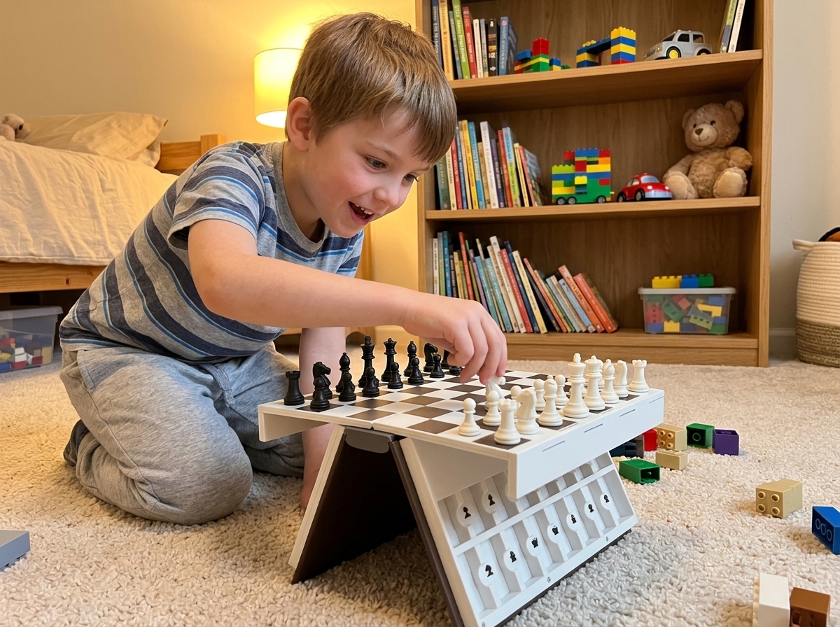 A woman pointing out the book chess set on her shelf to a friend in her modern living room