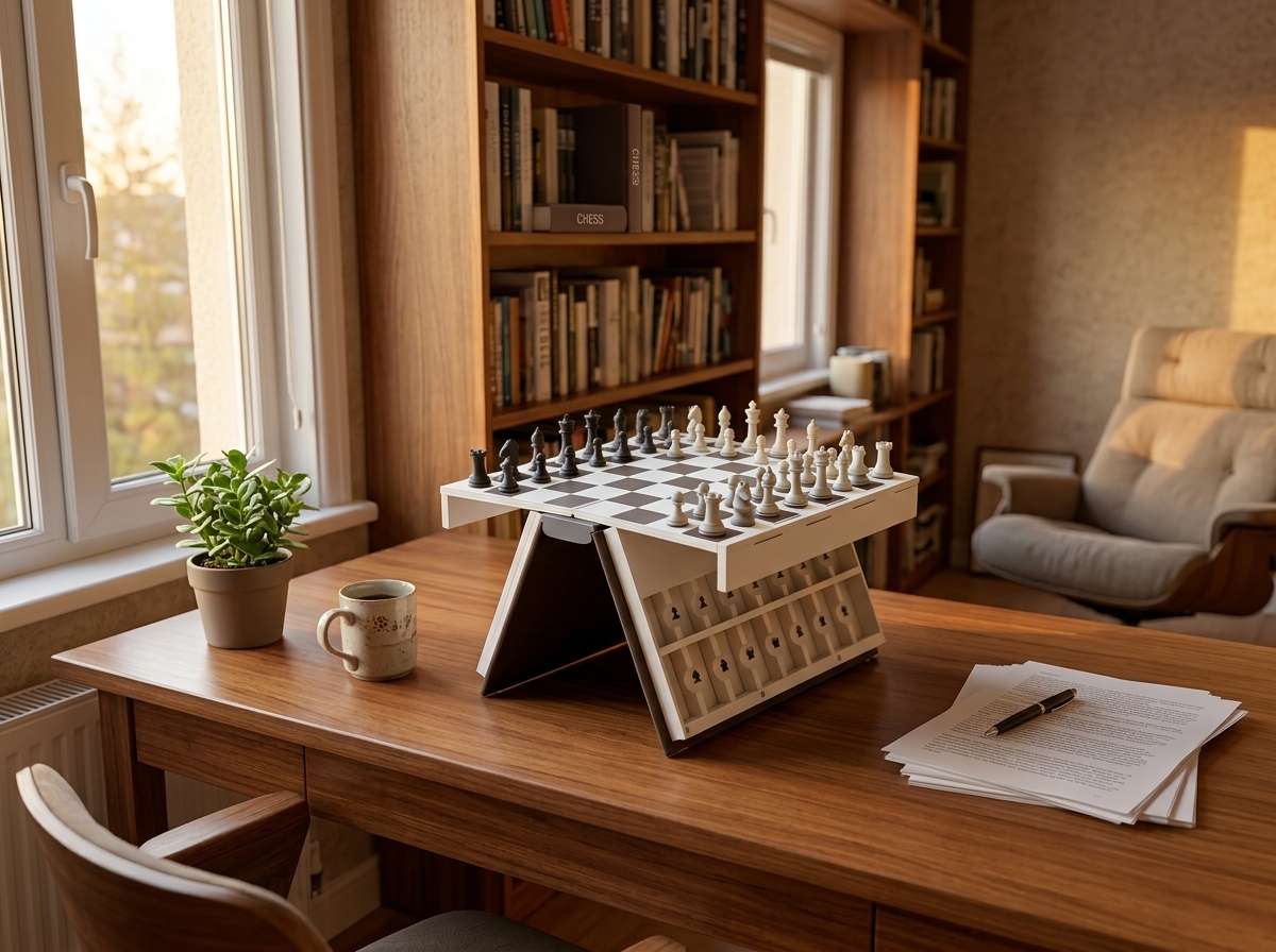 The book chess set in premium gift packaging on a Christmas morning kitchen counter, beside a coffee mug and ribbon
