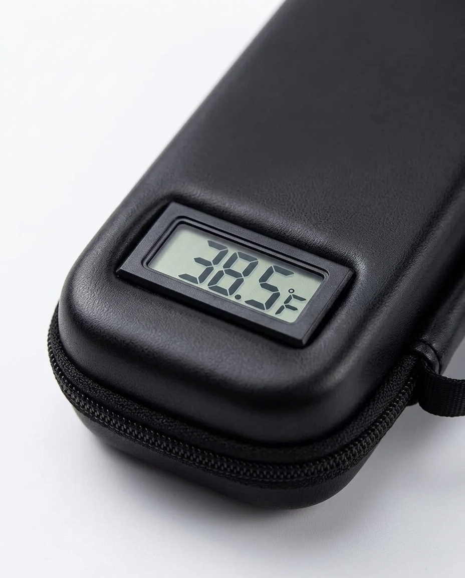 Close-up of the ColdDose LCD screen showing interior temperature at 39°F with the case zipped closed