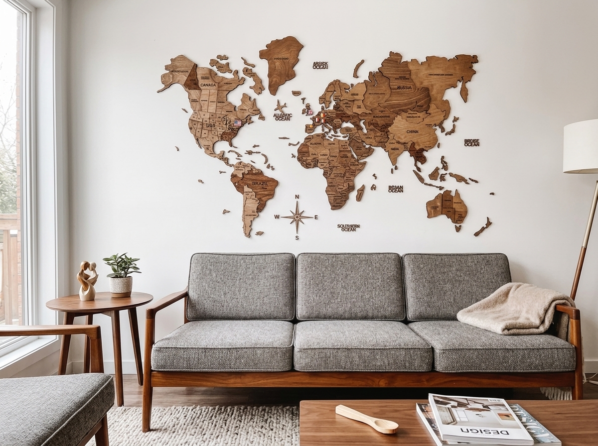 Travel map on wall in reading nook