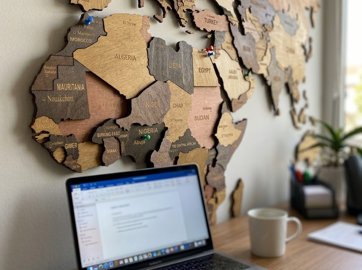 Wooden travel map above bed in master bedroom