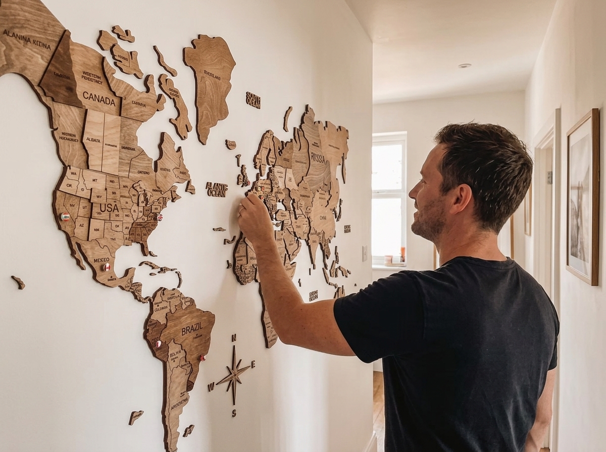 Wooden travel map above couch in modern living room